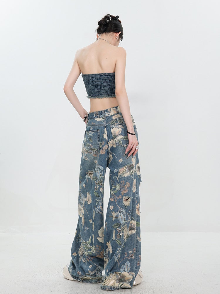 Big Ripped Original American Style Retro Printed Ripped Jeans Women'S Loose Straight Wide Leg Pants - Image 5